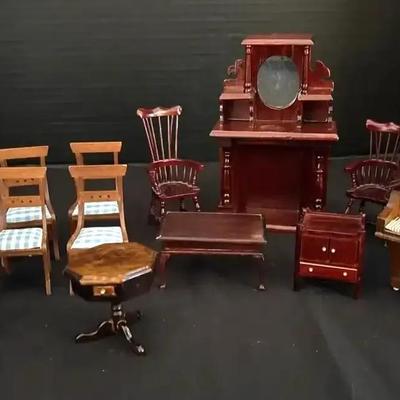Dark Wood Doll House Furniture - Piano, Fireplace, Chairs, Table, Cabinet, Flower Stand, Miniatures