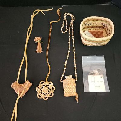 3 Handmade Native American Coiled Woven Necklaces - Jean Burris #85 Pouch, Small Basket, Flower Pin