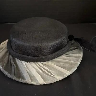 Vintage Ladies Black & White Hat w/ Curled Feather - Sheer Fabric, Sleek Design