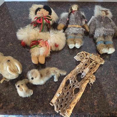 Alaskan Native Intuit Dolls & Sea Lion Family - Traditional Clothing, Real Fur, Leather, Hand Carved