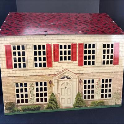 Vintage Colonial Style Litho Tin 2-Story Dollhouse - Classic Family Home