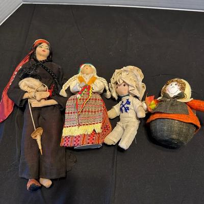 4 Vintage Cloth Dolls - Native American, Pilgrim, Handmade, Stitched, Fabric