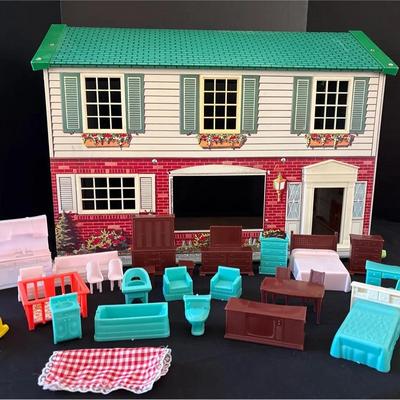 Vintage Wolverine Tin Litho 2-Story Dollhouse + Miniature Furniture