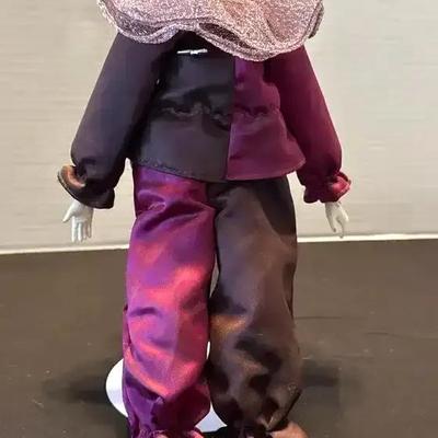 Bradley’s Dolls Clown Music Doll on Stand - Colorful, Handpainted Face, Purple Clothing