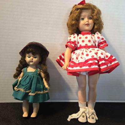 2 Vintage Ideal Shirley Temple Dolls - 1934 Film Red & White Polka Dot Dress, Green Velvet