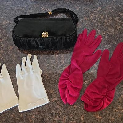 Black Velvet Clutch Handbag Purse & Vintage Gloves - Rhinestone Cluster, Long Red And Short White
