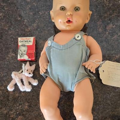 Vintage "Gerber Baby" Doll By Sun Rubber Co. with Miniature Puppy & Gerber Baby Cereal Food
