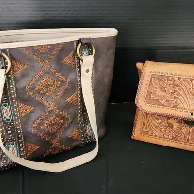 2 Beautiful Leather Handbags - Double Shoulder Strap Montana West Purse, Etched Bag Bonnie