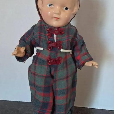 Antique 1930s Arranbee "Nancy" Blonde Doll - Red & Gray Plaid Hooded Jumper, 12" On Stand