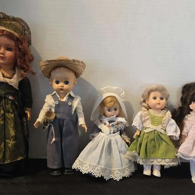 5 Assorted Vintage Vogue Ginny & Madame Alexander Dolls - Formal, Farmer, Playtime, School