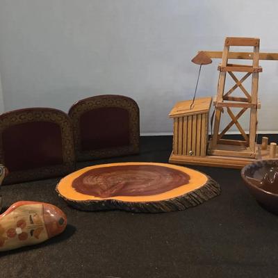 Vintage Decor Home - Tonala Pottery Dove, Fish - Leather Bookends, Brown Plastic Ashtray, Wood