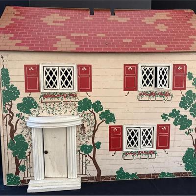 Vintage Wooden Keystone 2-Story Dollhouse - Plastic Accents, Colorful Paint & Greenery