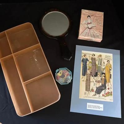 Vintage Samsonite Replacement Cosmetic Tray, Faux Tortoiseshell Hand Mirror, Crochet Flowers & More