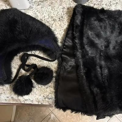 Black Faux Fur Trapper Hat w/Ear Flaps + Pom Poms & Valerie Stevens Wrap Stole