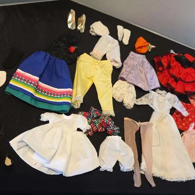 Variety of Vintage Doll Clothes & Shoes - Dresses, Stockings, Wedding Dress, Tops, Shirts, Pants