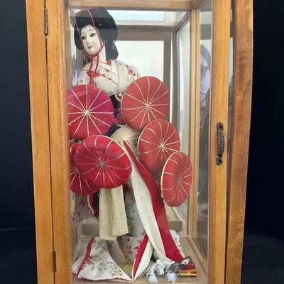 Vintage Japanese Geisha Doll in Wooden Display Case with Mirror