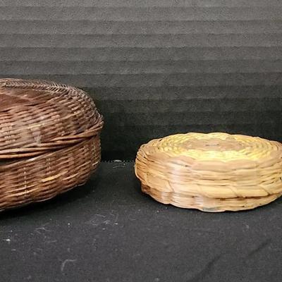 (3) Woven Baskets With Lids - Small, Natural Colors & Dark Brown 