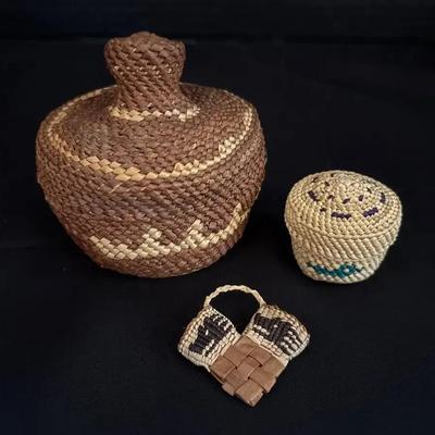 Miniature Woven Lidded Brown & Tan Basket, Makah Trinket Basket + Heart Shaped Basket