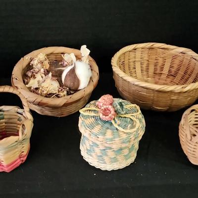 7 Small Miniature Woven Baskets - Decorative, Brown, Color, Lidded, Handles, Coiled