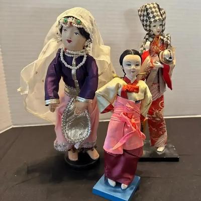 3 Vintage Handmade Souvenir International Standing Dolls - Japan, Korea, India