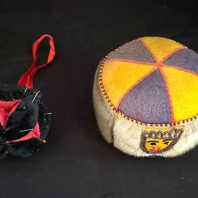 Unique Pin Cushions - Velvet Black & Red Puzzle Ball + Fur Trimmed Alaska With Beaded Face