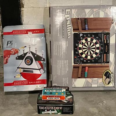 Floating Target Shooting Gallery, Texas Hold 'Em Poker Set, and Halex Epsilon Electronic Dartboard