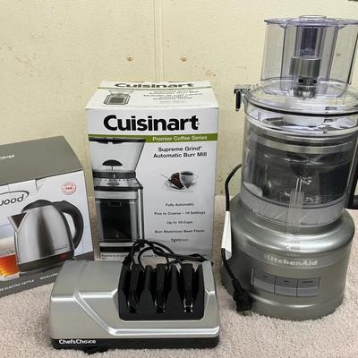 Cordless Electric Kettle, Coffee Grinder, KitchenAid Food Processor, and Electric Knife Sharpener