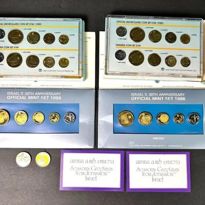 Coins Of Israel: 1986 Piefort Mint Sets (2) & 1989 Uncirculated Hanukkah Coin Sets (2)