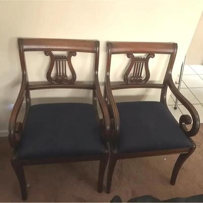 2 Antique Duncan Phyfe Style Harp Back Armchairs W/Upholstered Seat