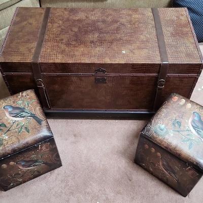 Trunk & 2 Bird Motif Storage Ottomans