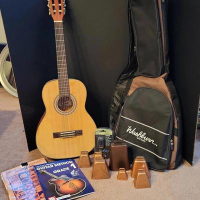 Acoustic Guitar, Case, Tuner & 7 Cow Bells