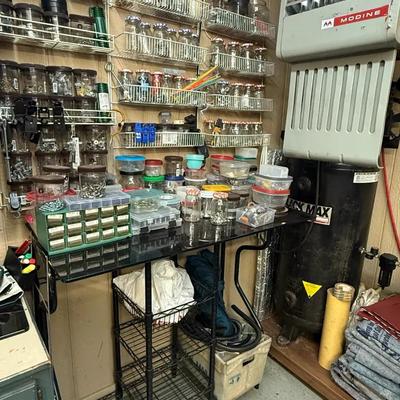 Home Workshop Lot - High Top Glass Top Table & Assortment of Hardware - See Description and Photos 