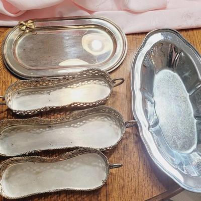 Silver Plate and Stainless Serving Pieces and Trays - See Photos for Details 