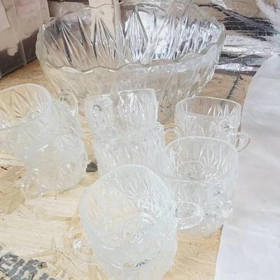 Glass Punch Bowl, 16 Cups, Ladle, and Salad Set