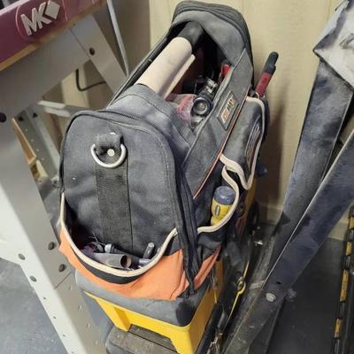 Toolboxes and Bags (3)  Plus Their Contents and Work Stand Base