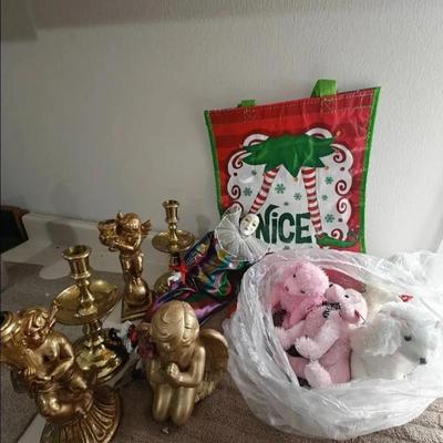 Gold Decorative Lot - Candlesticks, Dolls, Beanie Babies, Decor, and Holiday Storage Boxes