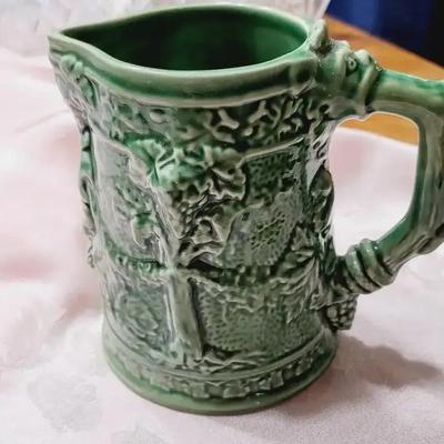 Bordallo Pinheiro Green Majolica Pitcher Bacchus Grape Vineyard