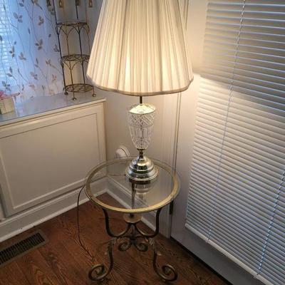 Glass And Brass Table With Cut Glass Lamp