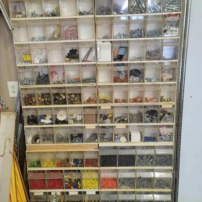 Loaded Parts And Fittings Wall Storage Bin Rack And Contents