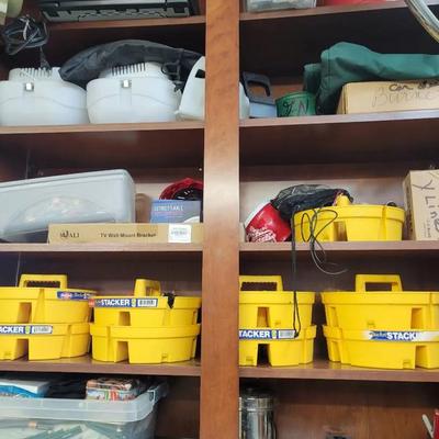 Garage Cabinet Lot - Stackers, Parts, Golf Accessories, and More - See Photos