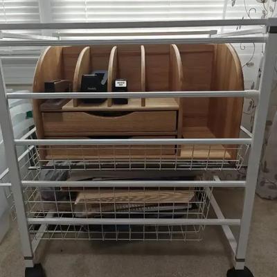Office Supply Lot - Includes Wire Shelf, Wooden Desktop Organizer, & Collection of Office Supplies 