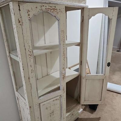 Wooden Cabinet With Glass Windows and Chipping Paint - Tall