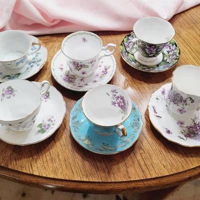 Purple and Blue Floral Cabinet Cups - Mostly English Bone China