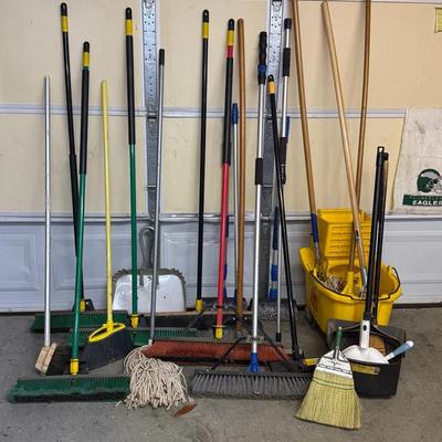 Brooms and Mops Lot - Push Brooms and Mops for Garage or Workshop Care