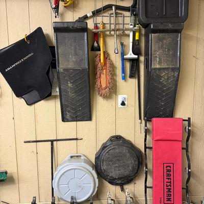 Automotive Lot- Mechanic Creeper, 3 Oil Drain Pans, 3 Jack Stands, Ramps, Ice Scrapers