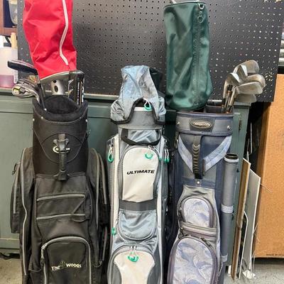 3 Golf Bags, 2 Partial Sets of Golf Irons, 2 Golf Ball Retrievers