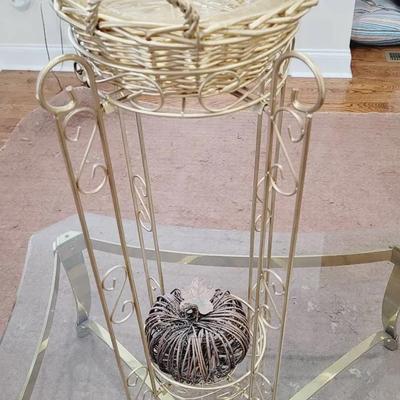 Gold Tone Plant Stand With Basket And Pumpkin