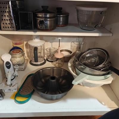 Kitchen Baking and Prep Items Lot - Immersion Blender, Pie Weights, Sauce Pans, Metal Grater 
