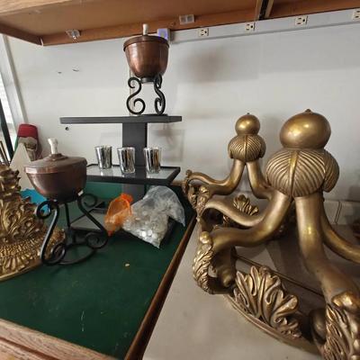 Decorative Lot with Wall Sconces, Candles, Marbles and a Metal Shelf 