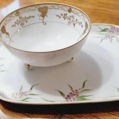 Gold and White Nippon Bowl and Purple and White Nippon Tray 